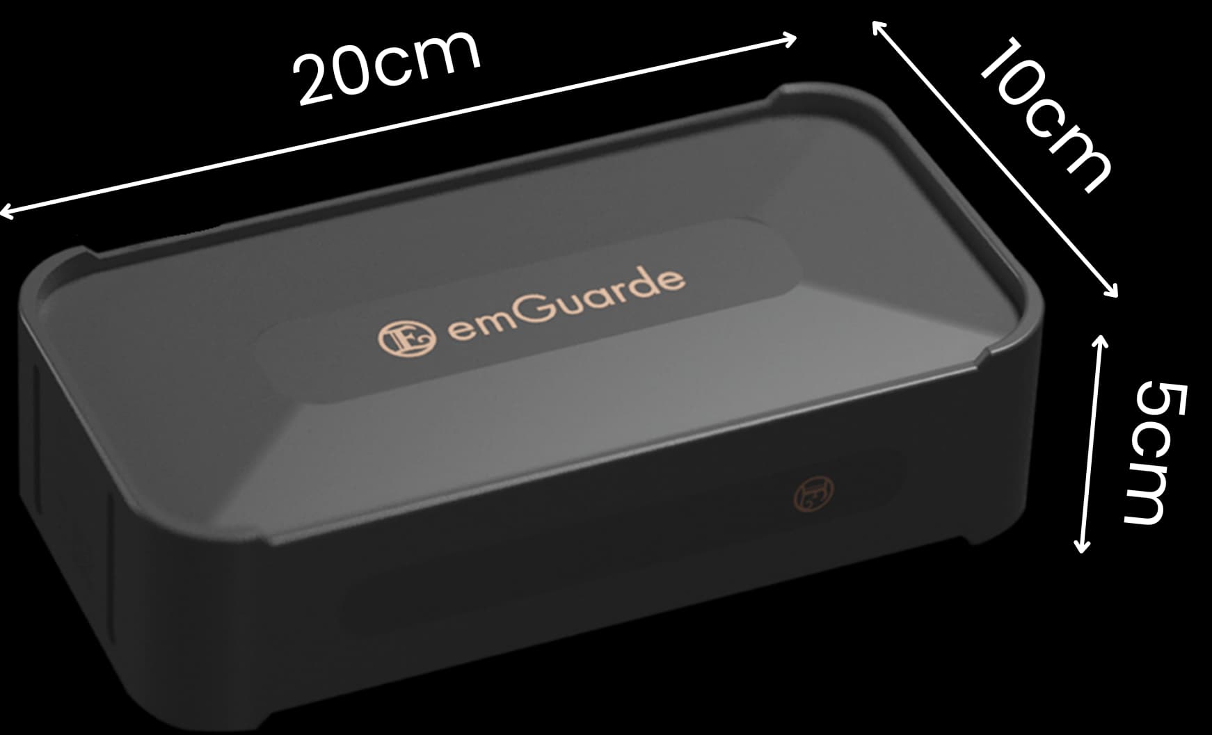 Diagram showing emGuarde device dimensions and physical size layout