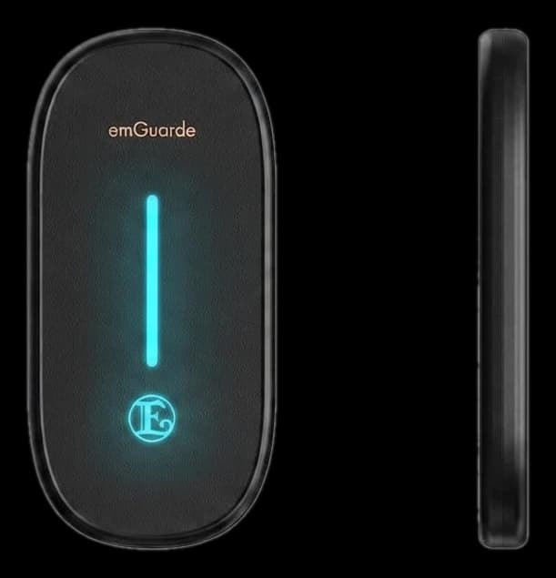 emGuarde Go portable EMF radiation harmoniser device, front and side profile