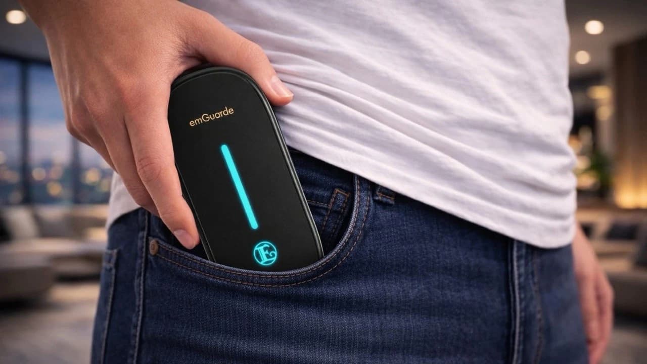 emGuarde Go tucked into a jeans pocket, pocket-sized and cordless